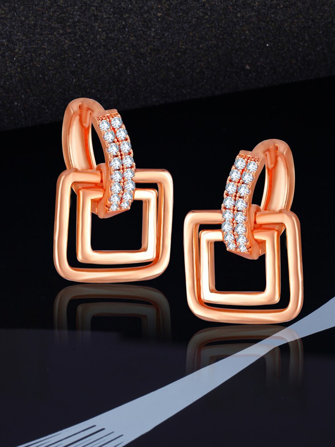 

MEENAZ Rose Gold Plated American Diamond Studded Hoop Earrings