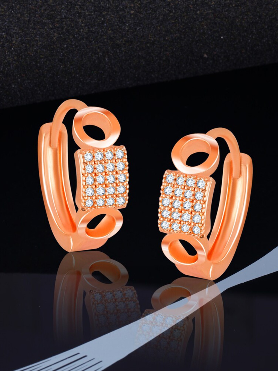 

MEENAZ Rose Gold-Plated American Diamond-Studded Square Shaped Hoop Earrings