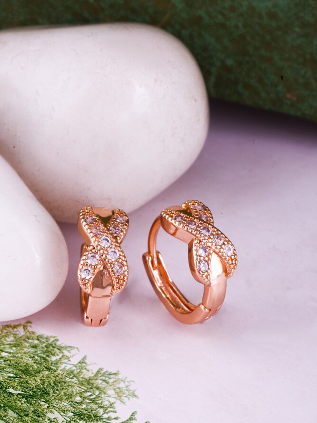 

MEENAZ Rose Gold-Plated American Diamond-Studded Hoop Earrings