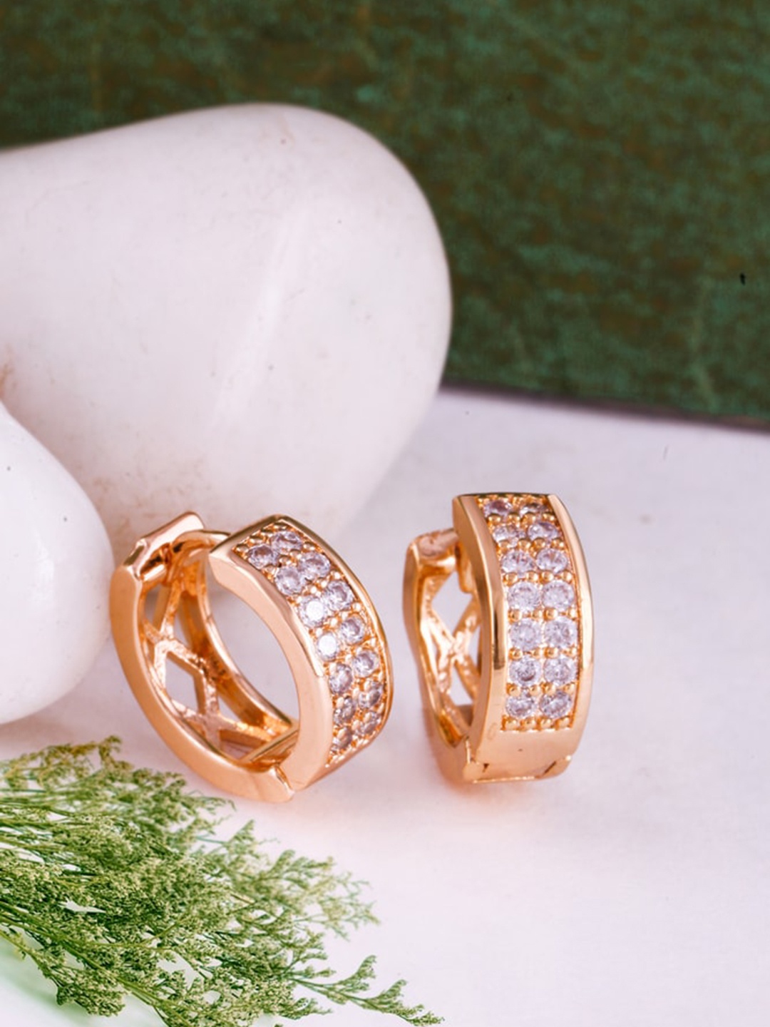 

MEENAZ Rose-Gold-Plated American Diamond-Studded Hoop Earrings