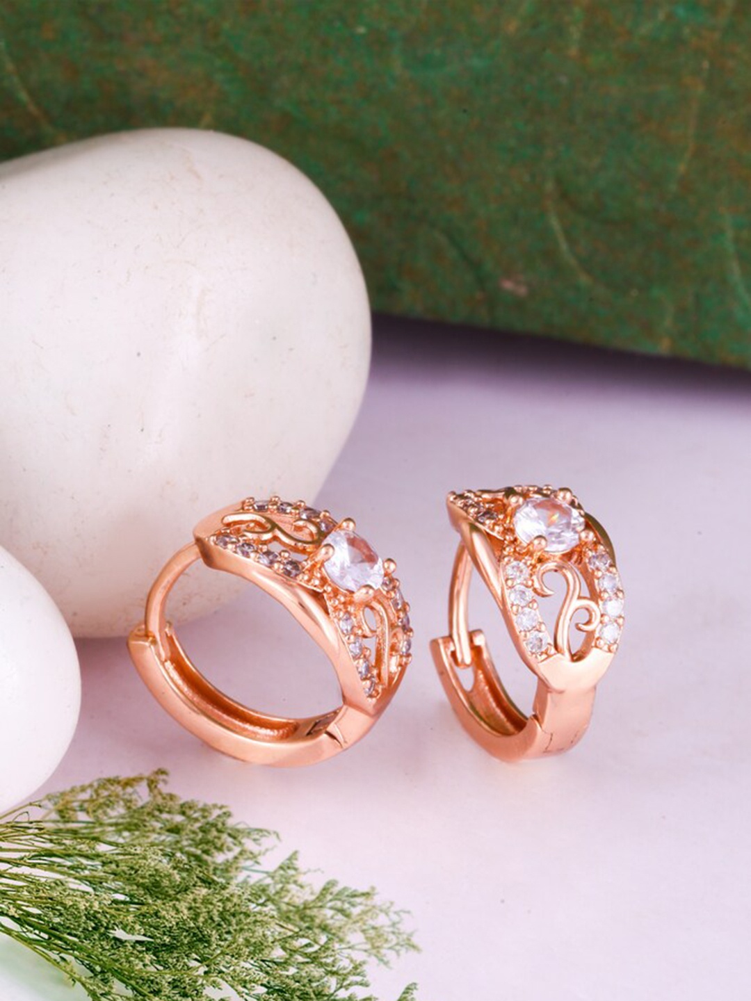 

MEENAZ Rose Gold Plated American Diamond Studded Hoop Earrings