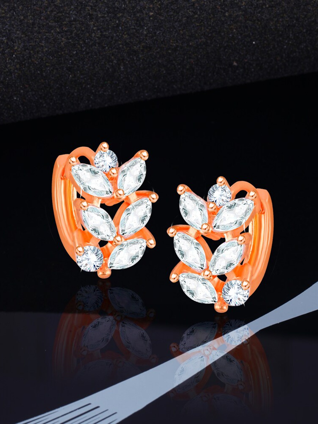 

MEENAZ Rose-Gold-Plated American Diamond-Studded Leaf Shaped Hoop Earrings
