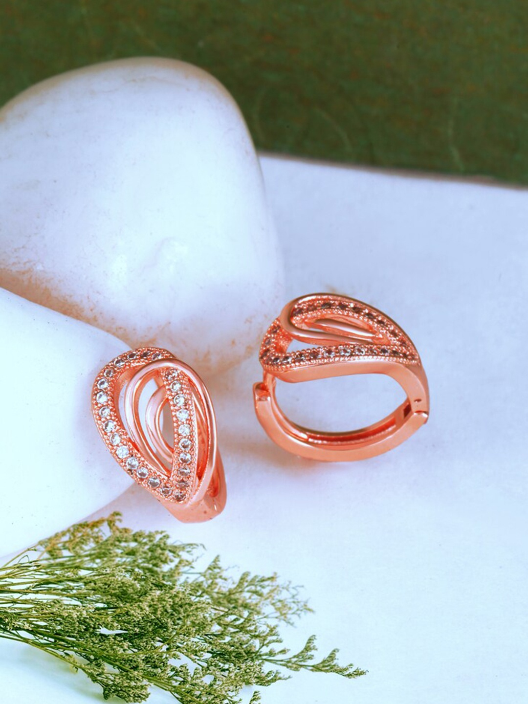 

MEENAZ Rose Gold-Plated American Diamond-Studded Hoop Earrings