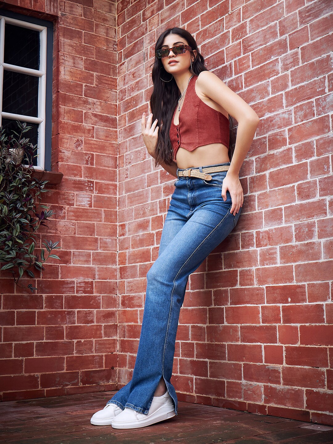 

Berrylush Brown Self Design Halter Neck Pure Cotton Crop Top