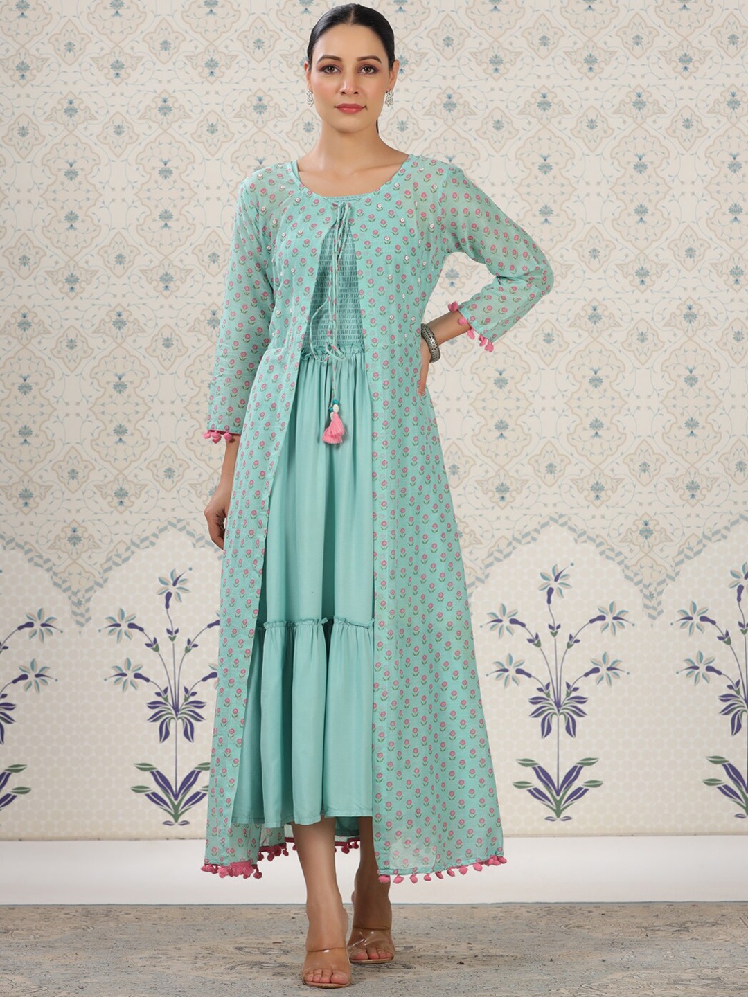 

Ode by House of Pataudi Ethnic Motifs Printed Ethnic Dress, Sea green
