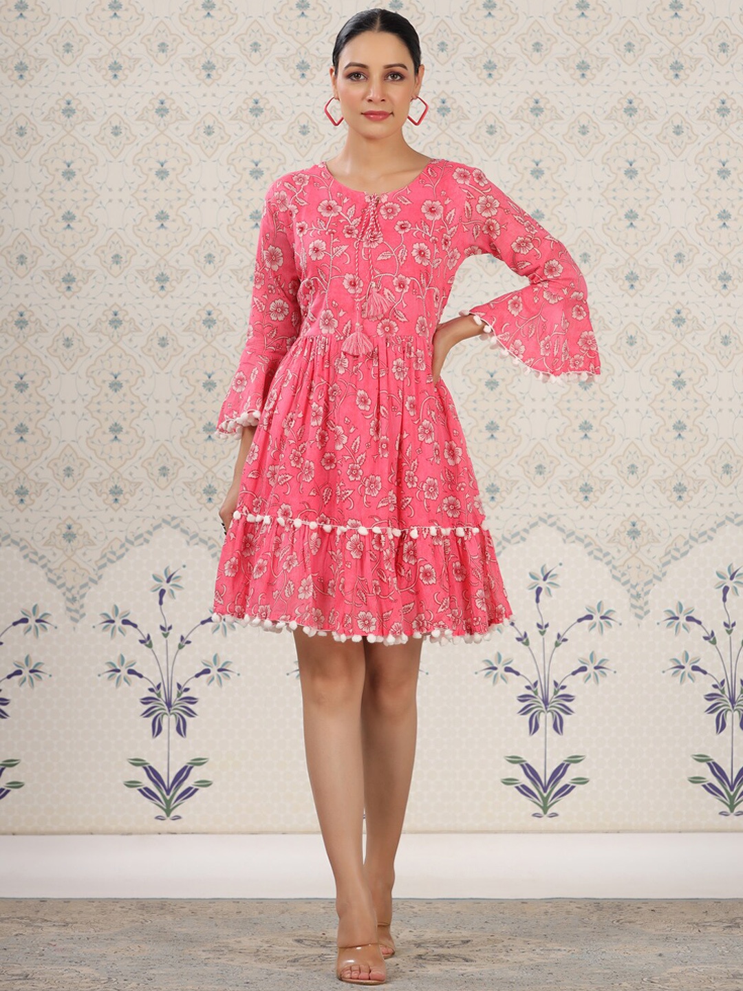 

Ode by House of Pataudi Floral Printed Bell Sleeves Dress, Pink