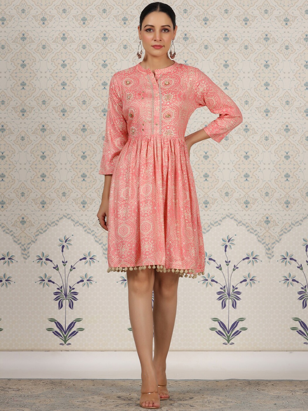 

Ode by House of Pataudi Ethnic Motifs Printed Mandarin Collar Fit & Flare Ethnic Dress, Peach