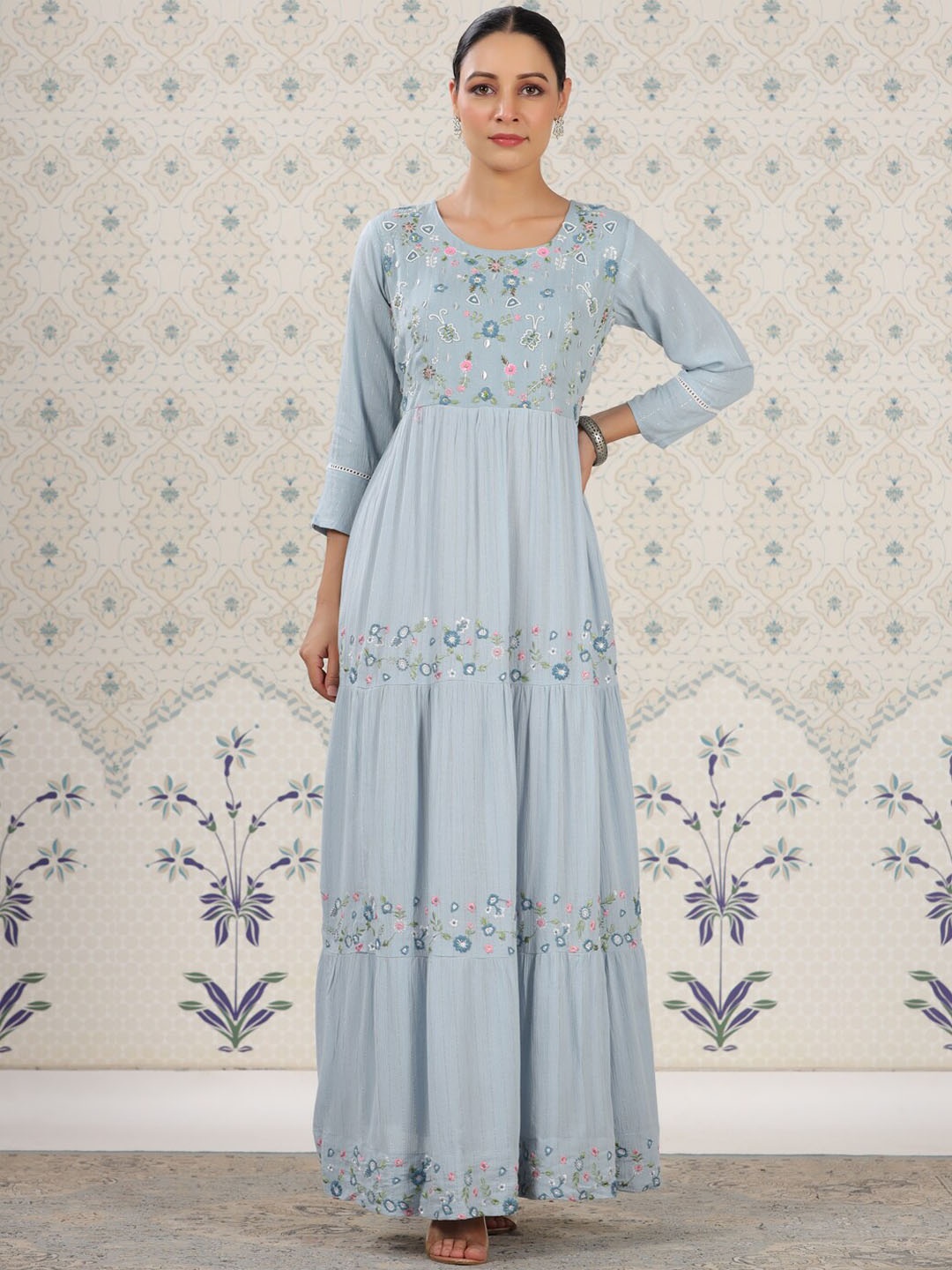 

Ode by House of Pataudi Floral Embroidered Fit & Flare Ethnic Dress, Blue