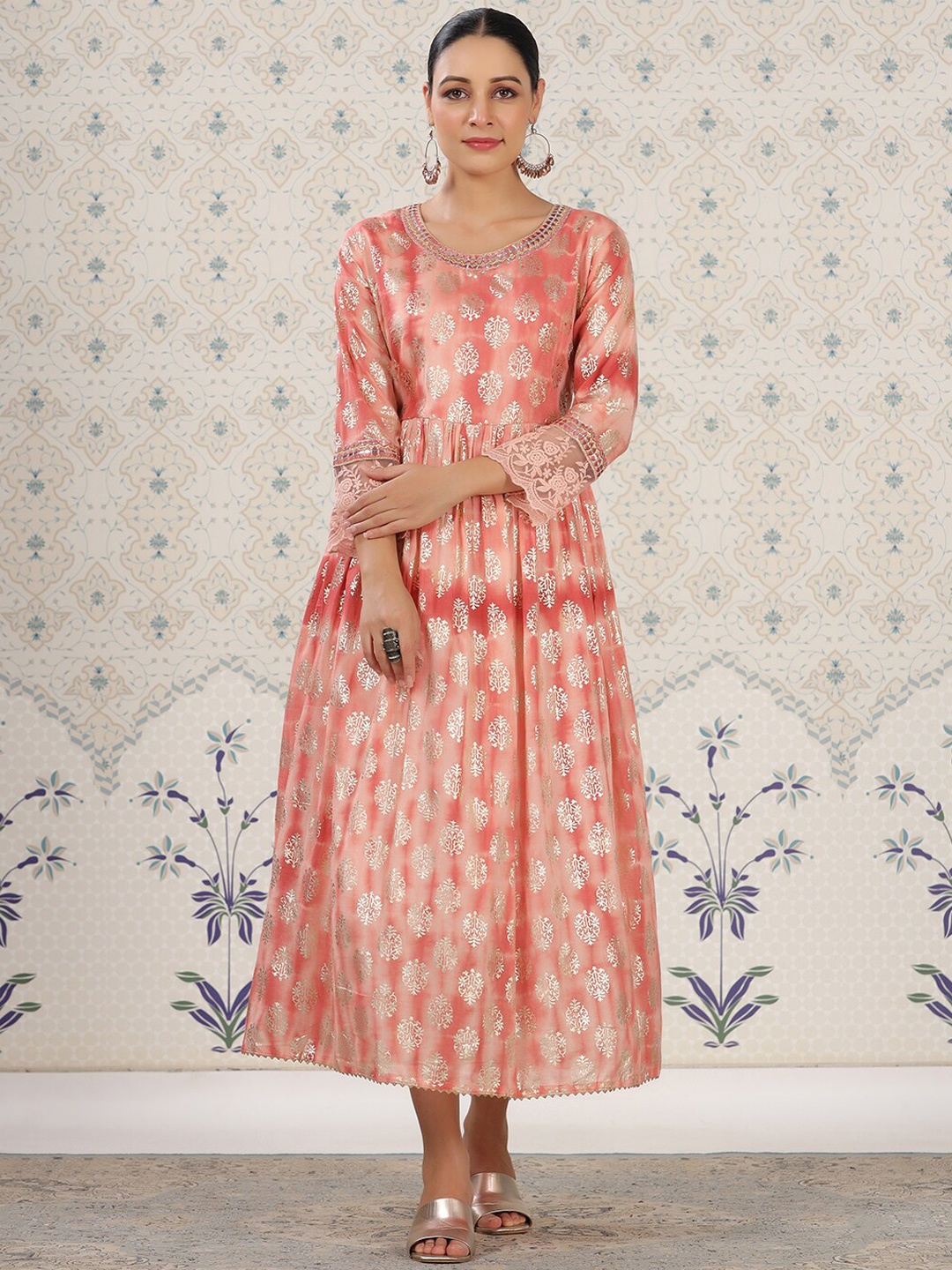 

Ode by House of Pataudi Ethnic Motifs Printed Cotton Ethnic Dress, Peach