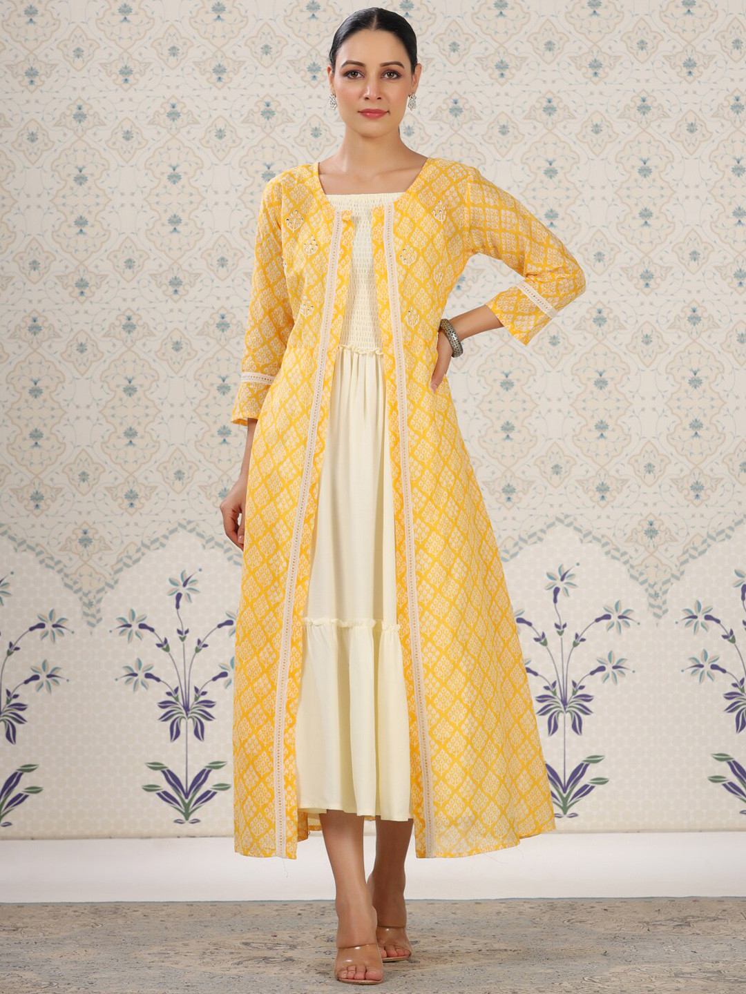 

Ode by House of Pataudi Smocked Shoulder Straps Ethnic Dress With a Jacket, Yellow
