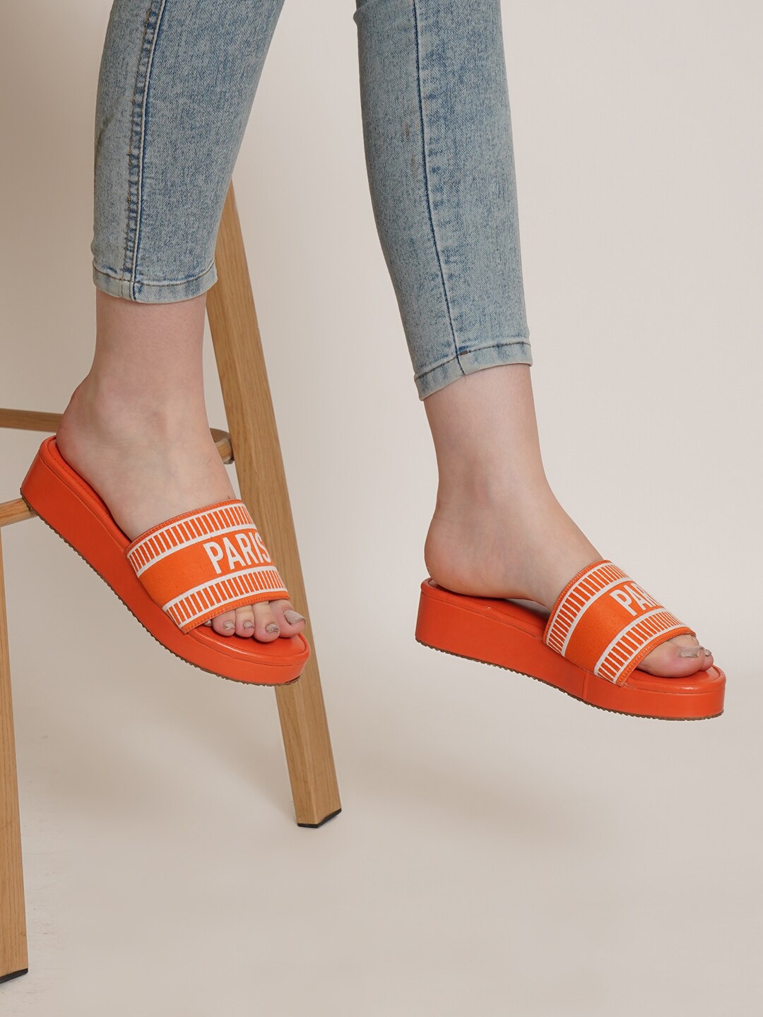 

HASTEN Printed Open Toe Flatform Heels, Orange
