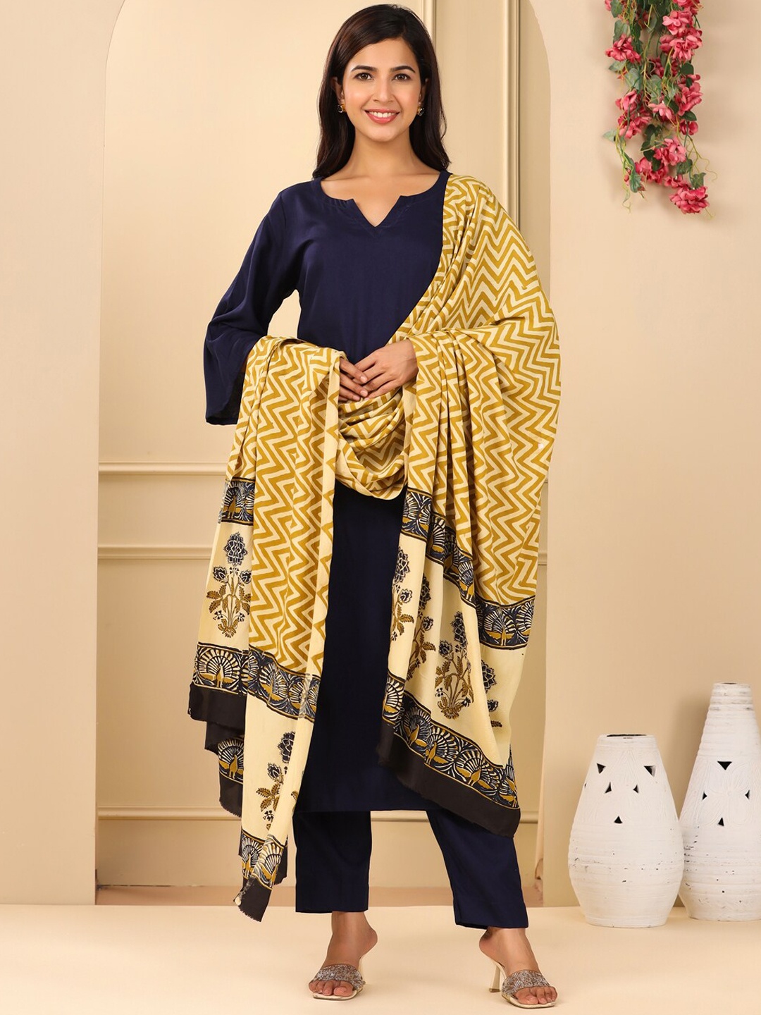 

Adveta Round Neck Flared Sleeves Kurta With Trousers & Dupatta, Navy blue