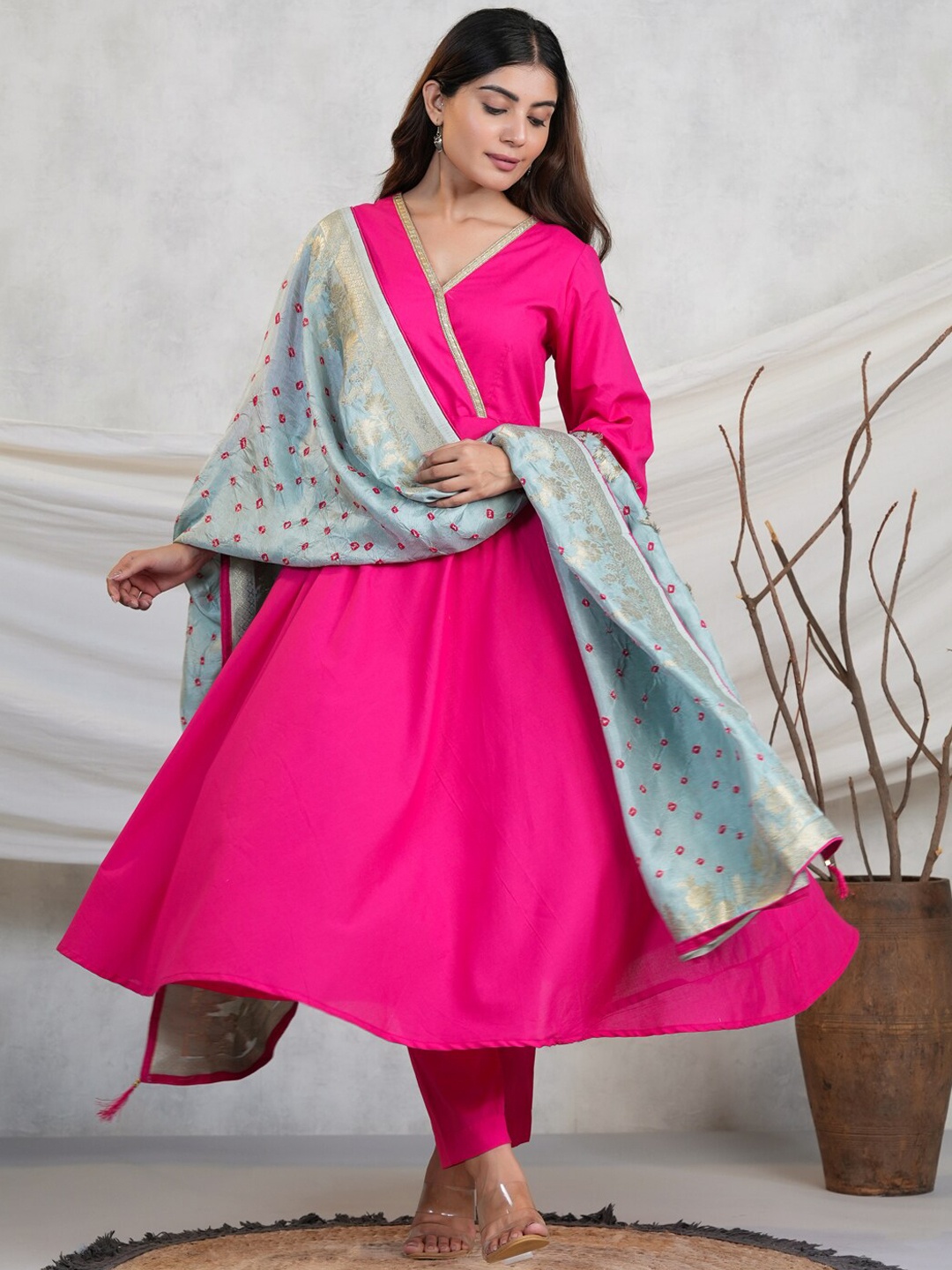 

Adveta V-Neck Flared Sleeves Zari Anarkali Kurta With Trousers & Dupatta, Pink