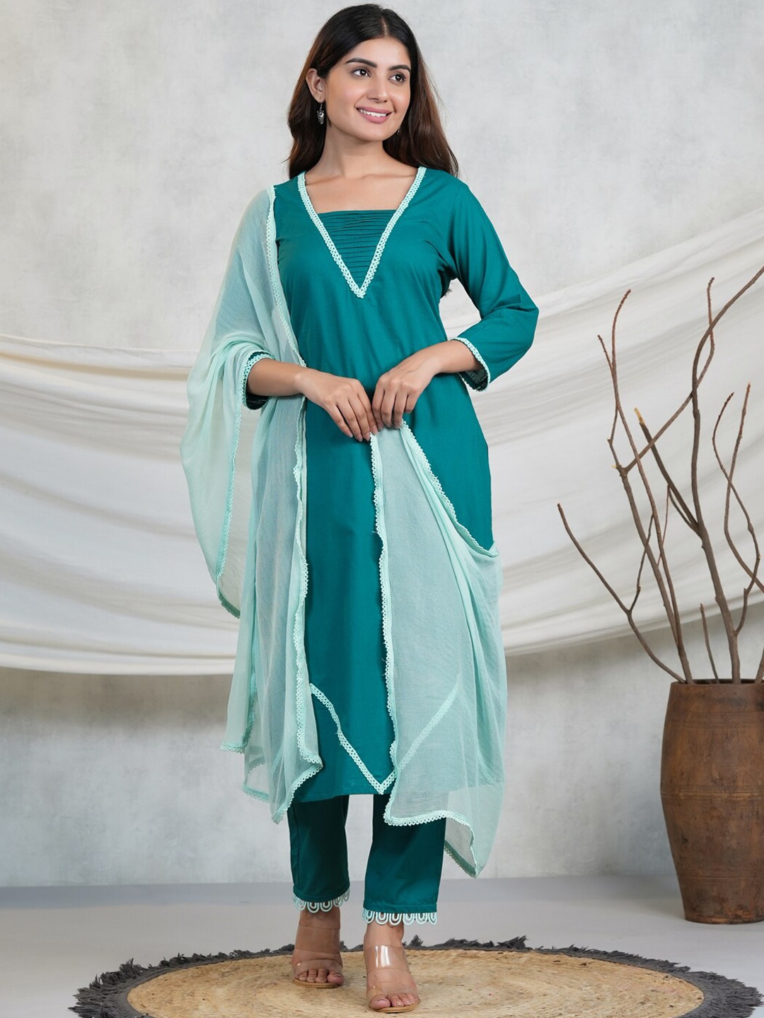 

Adveta Square Neck Kurta With Trousers & Dupatta, Teal