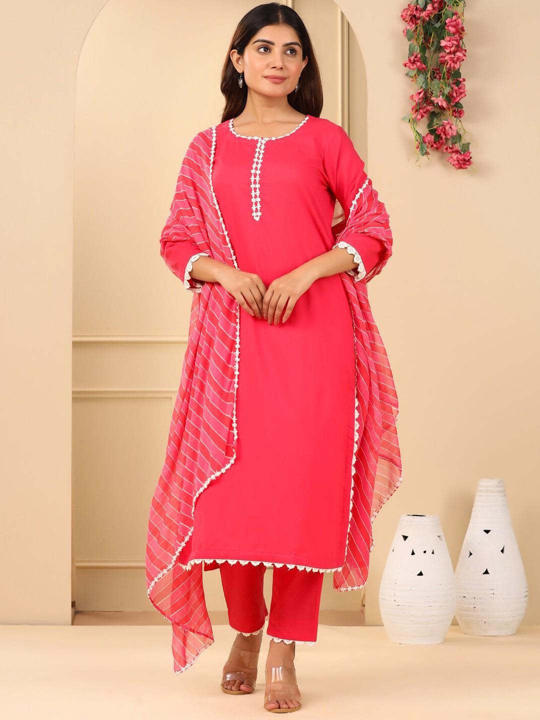 

Adveta Round Neck Kurta With Trousers & Dupatta, Pink