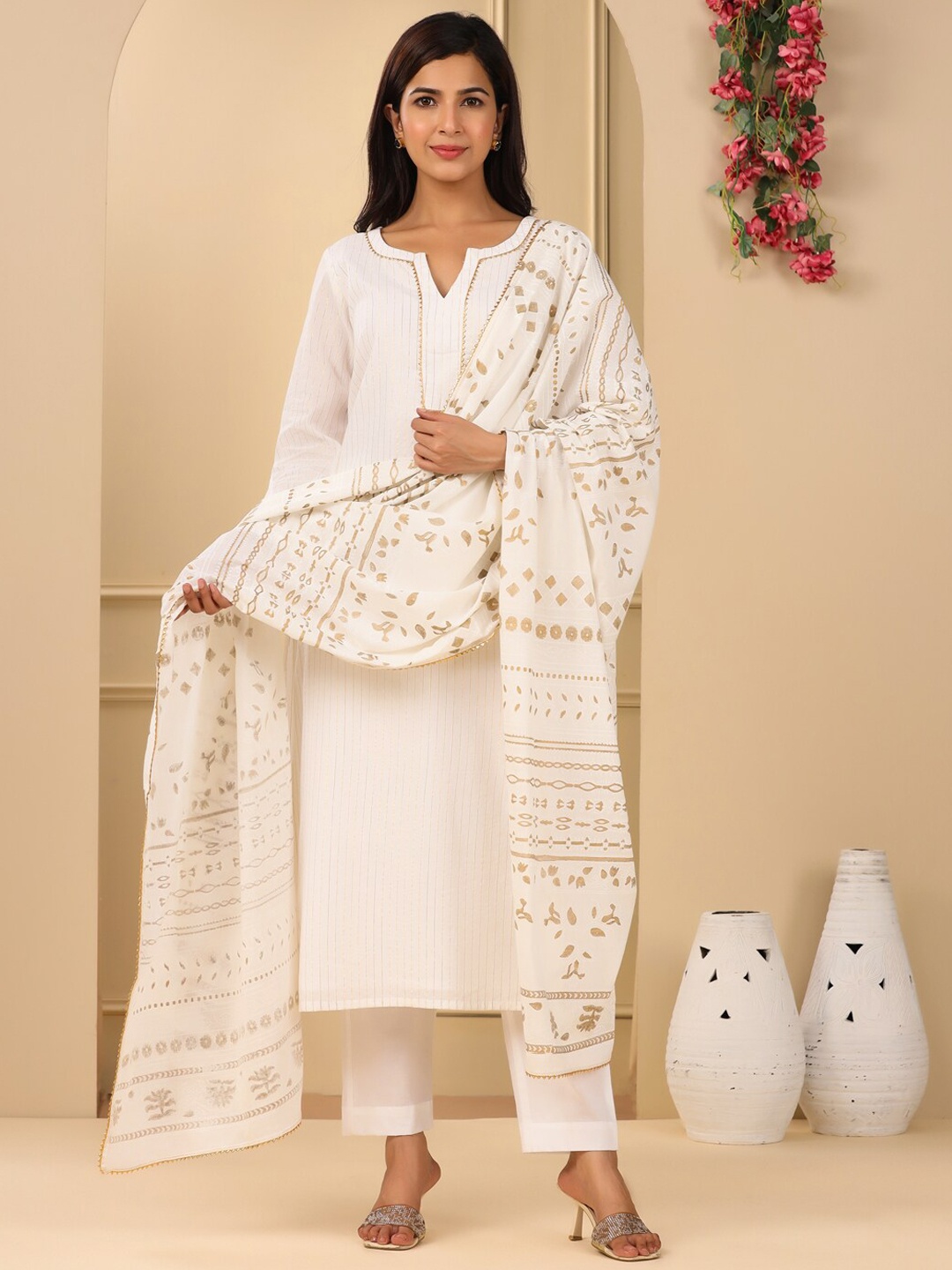 

Adveta Striped Gotta Patti Kurta With Trousers & Dupatta, White