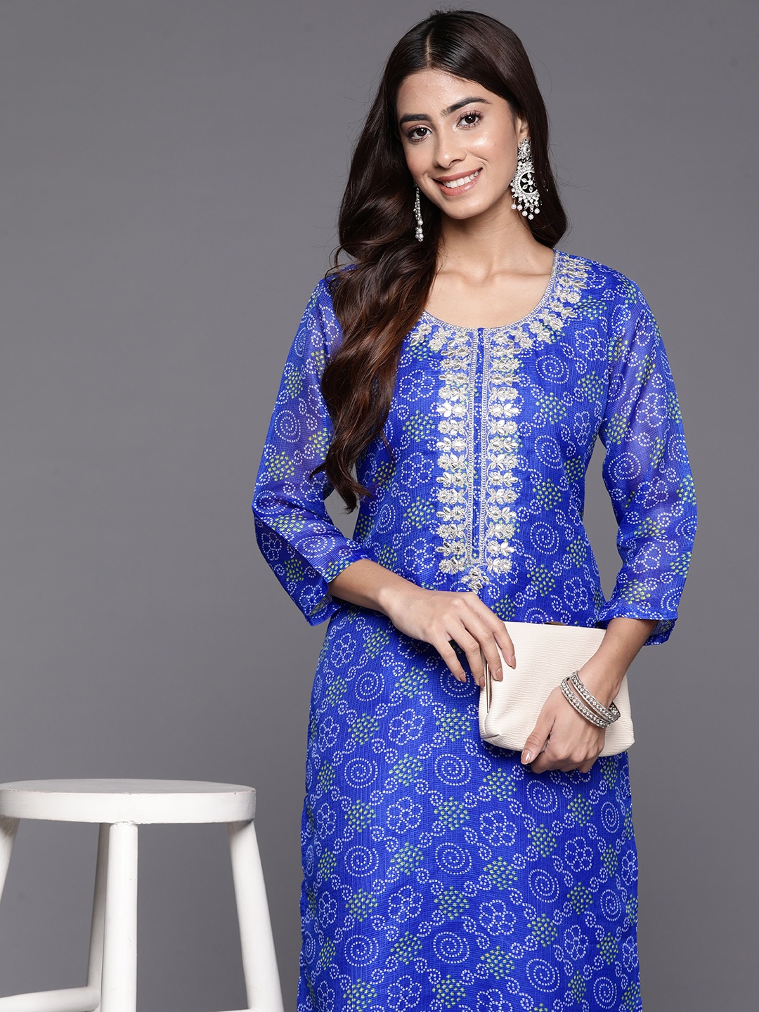 

Varanga Women Bandhani Printed Thread Work Kurta, Blue