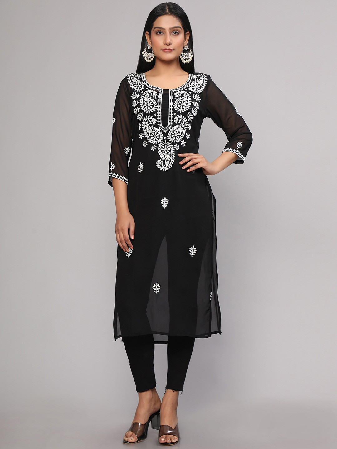 

Royal Export Paisley Embroidered Straight Pure Georgette Kurta, Black