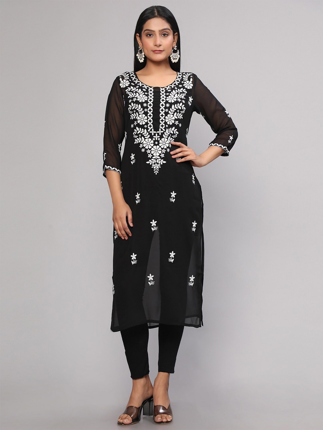 

Royal Export Ethnic Motifs Embroidered Chikankari Georgette Kurta, Black
