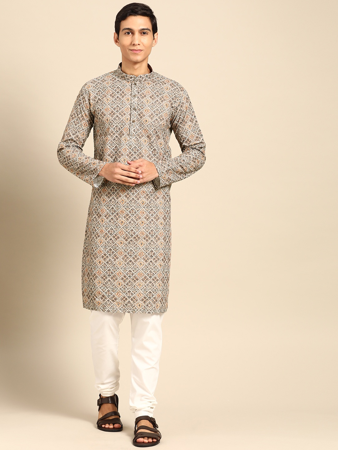 

MANQ Men Ethnic Motifs Printed Regular Pure Cotton Kurta with Churidar, Beige