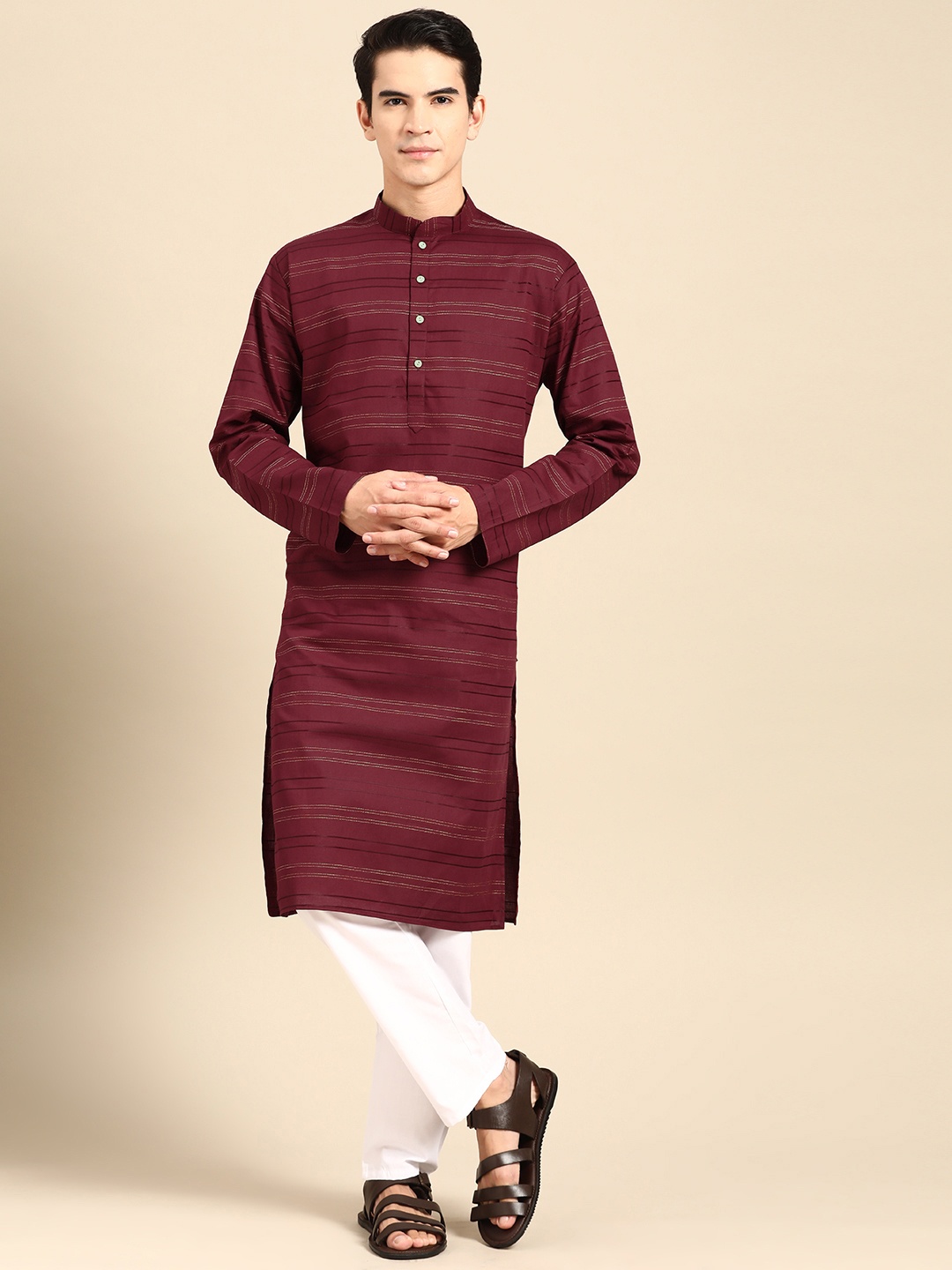 

MANQ Men Striped Regular Pure Cotton Kurta with Pyjamas, Maroon