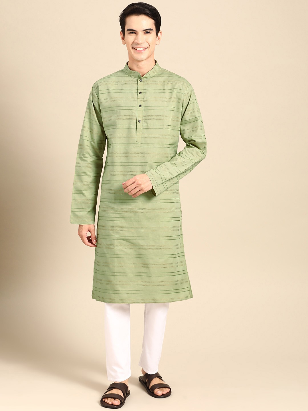 

MANQ Men Striped Kantha Work Pure Cotton Kurta with Pyjamas, Green