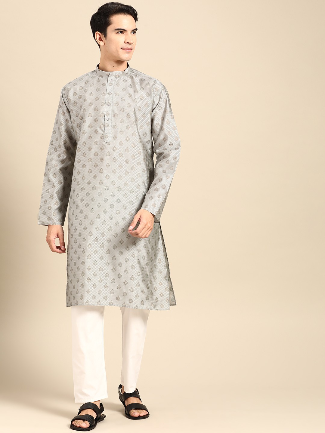

MANQ Men Ethnic Motifs Printed Regular Kurta with Pyjamas, Grey
