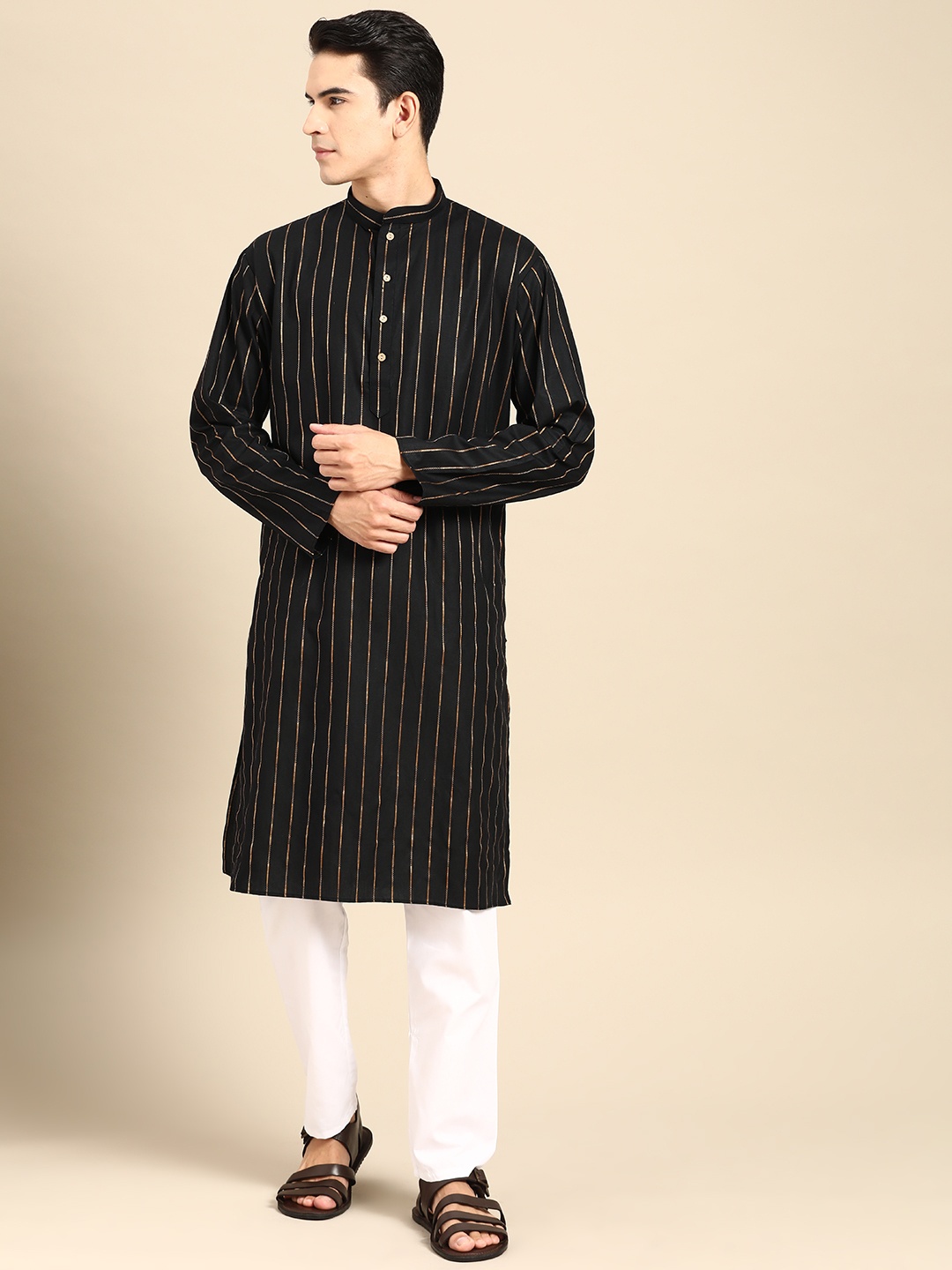 

MANQ Men Striped Regular Pure Cotton Kurta with Pyjamas, Black