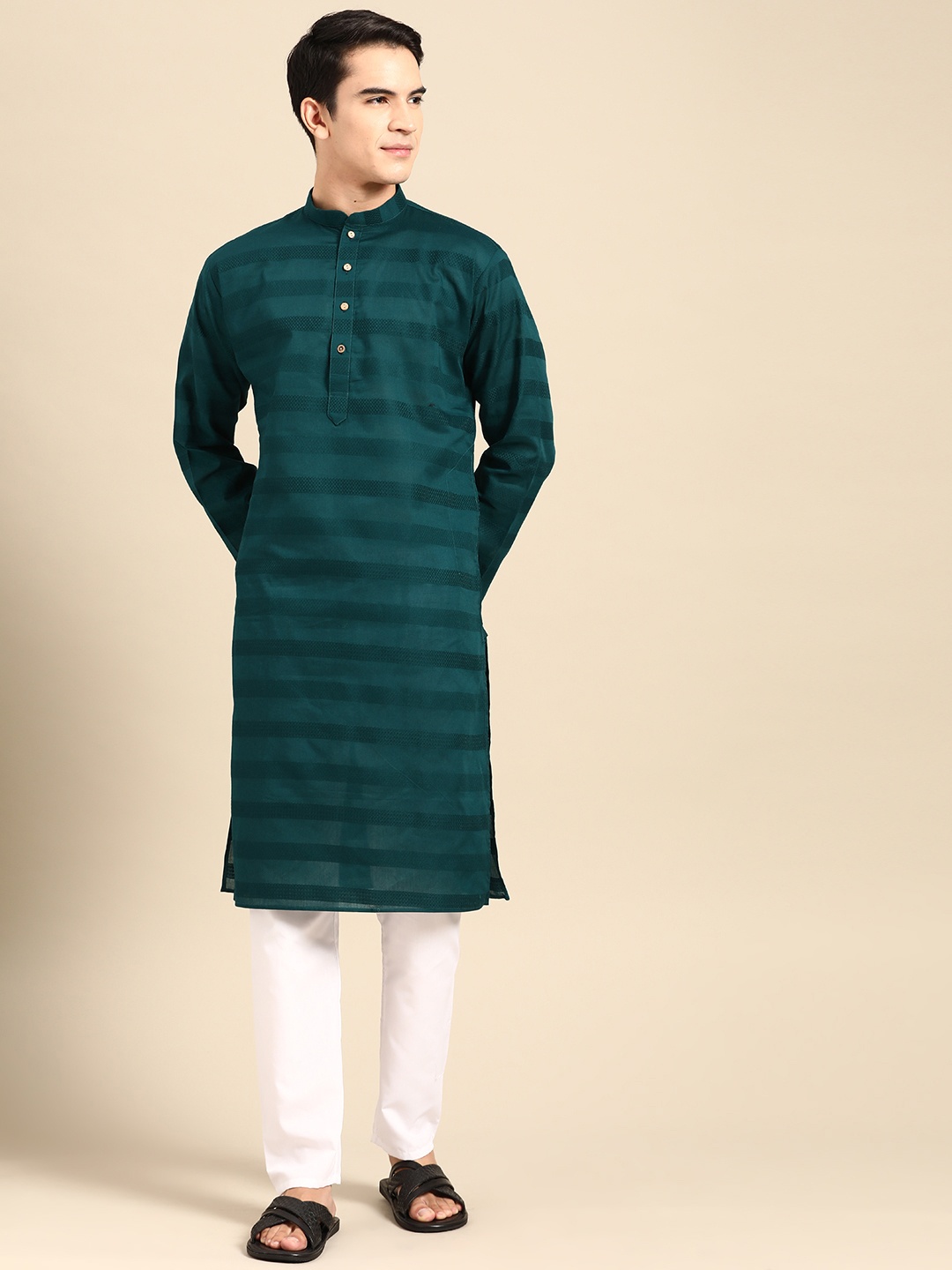 

MANQ Men Striped Regular Pure Cotton Kurta with Pyjamas, Teal