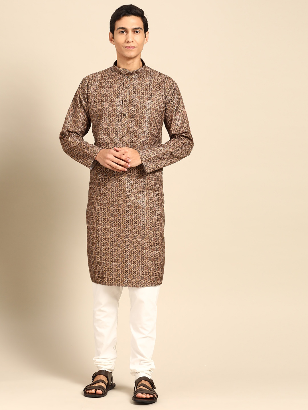 

MANQ Men Ethnic Motifs Printed Zari Sequinned Regular Kurta with Churidar, Brown