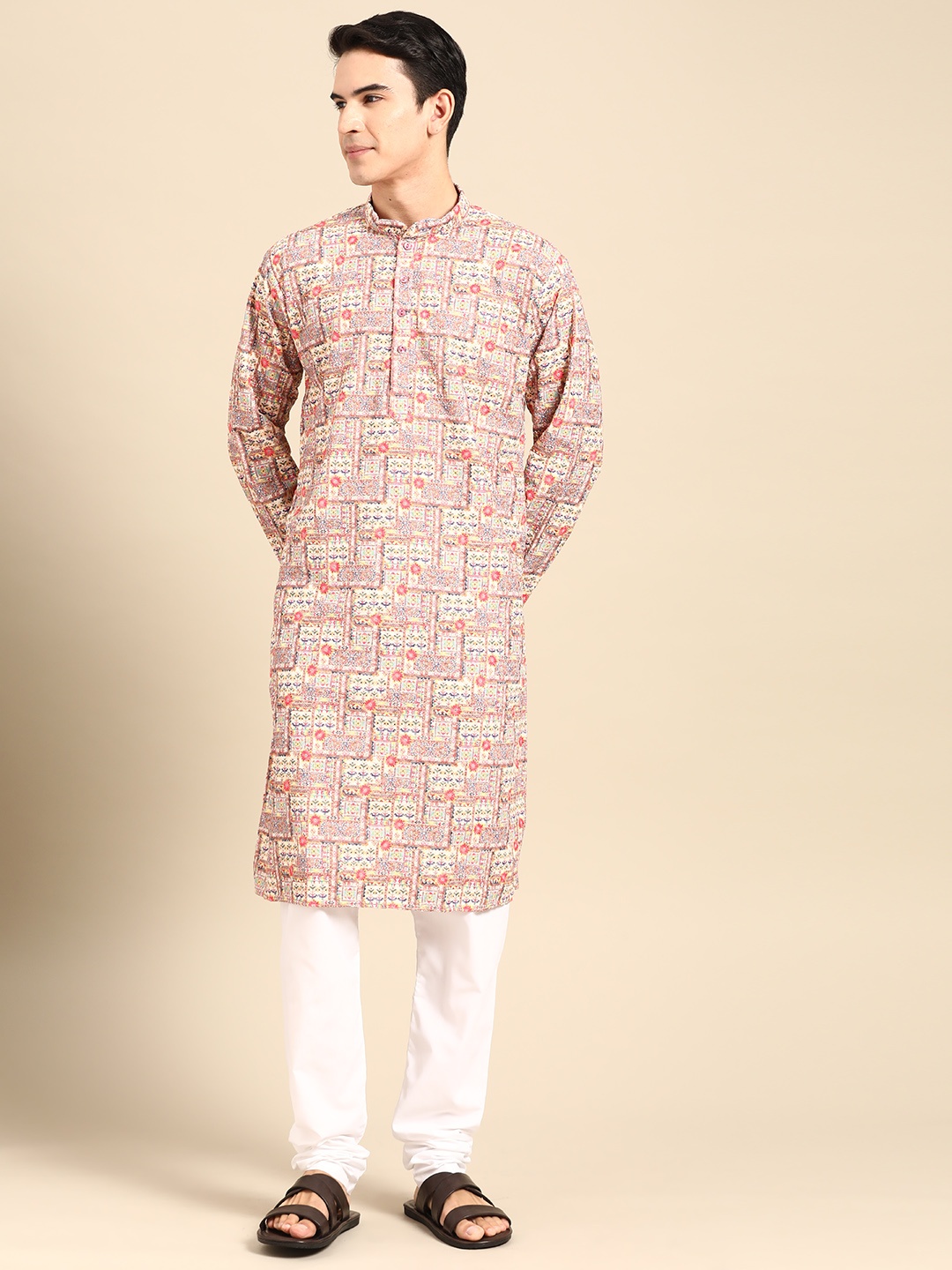 

MANQ Men Ethnic Motifs Printed Regular Pure Cotton Kurta with Churidar, Multi