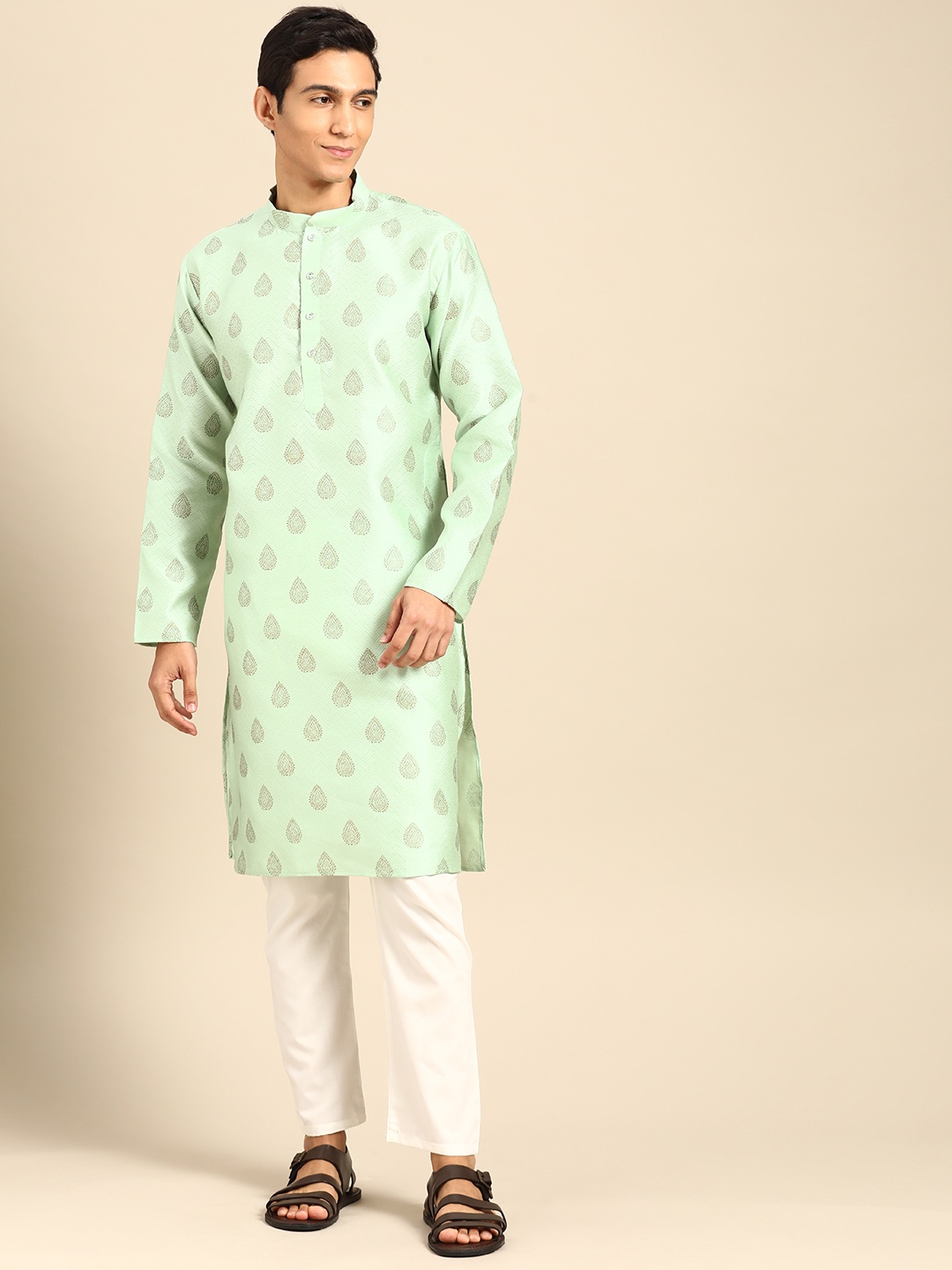 

MANQ Men Ethnic Motifs Printed Regular Kurta with Pyjamas, Sea green