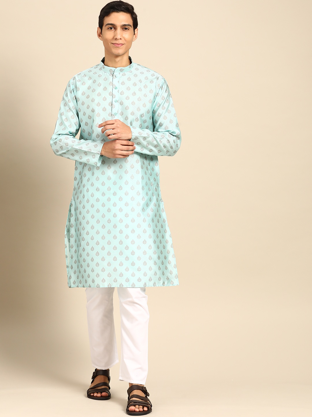 

MANQ Men Ethnic Motifs Printed Regular Kurta with Pyjamas, Turquoise blue