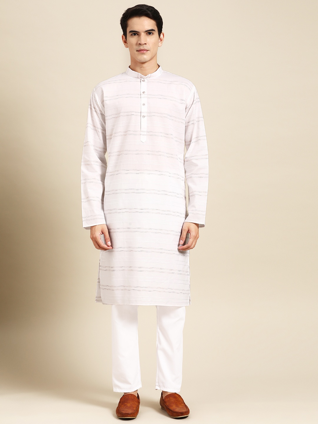

MANQ Men Striped Kantha Work Pure Cotton Kurta with Pyjamas, White