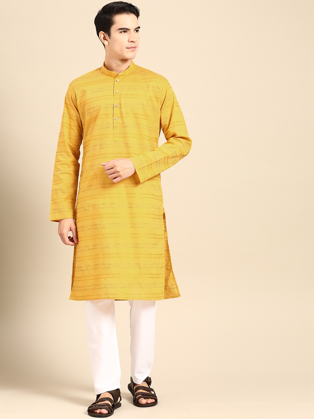 

MANQ Men Striped Regular Pure Cotton Kurta with Pyjamas, Yellow