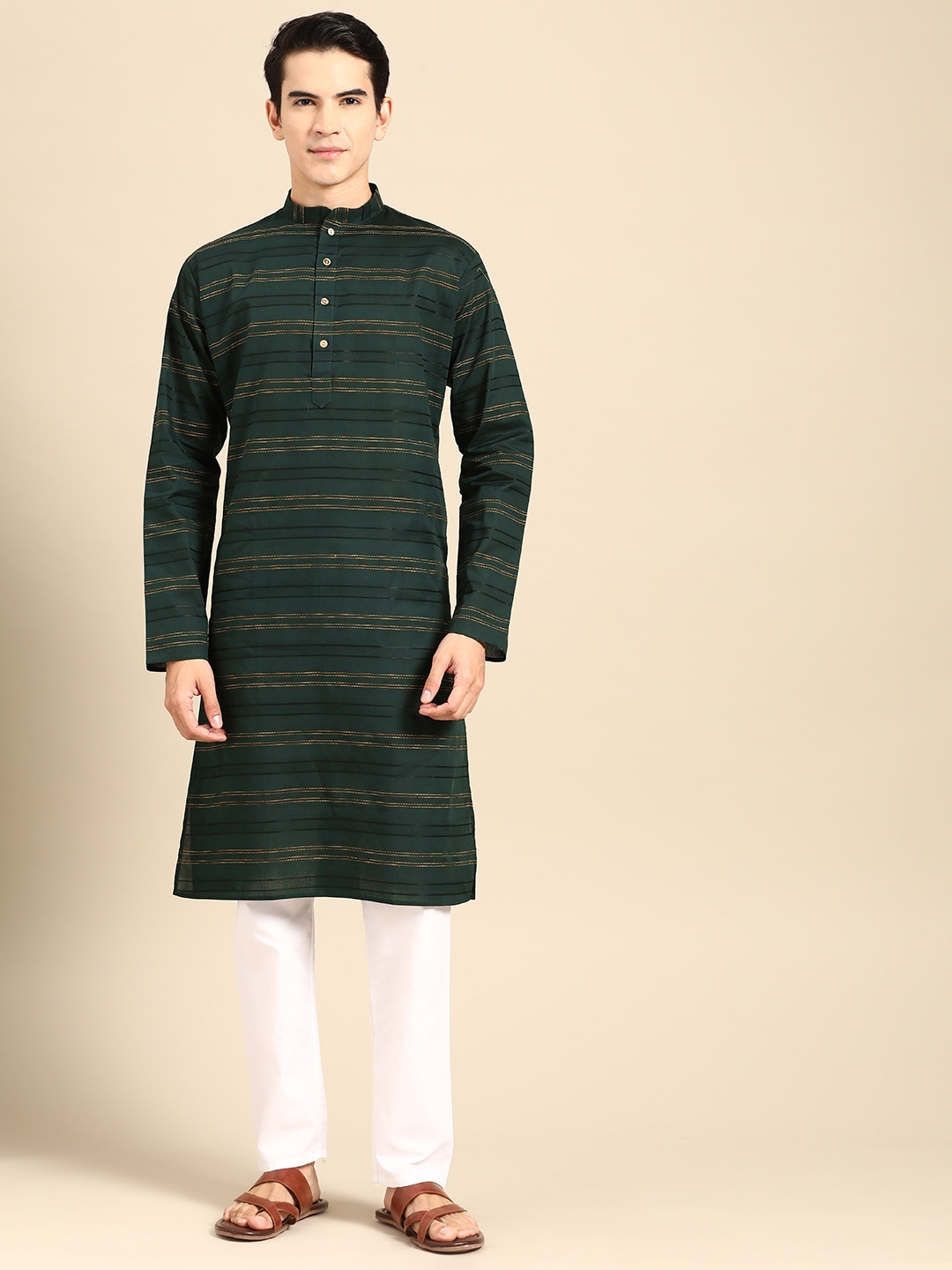 

MANQ Men Striped Regular Pure Cotton Kurta with Pyjamas, Green