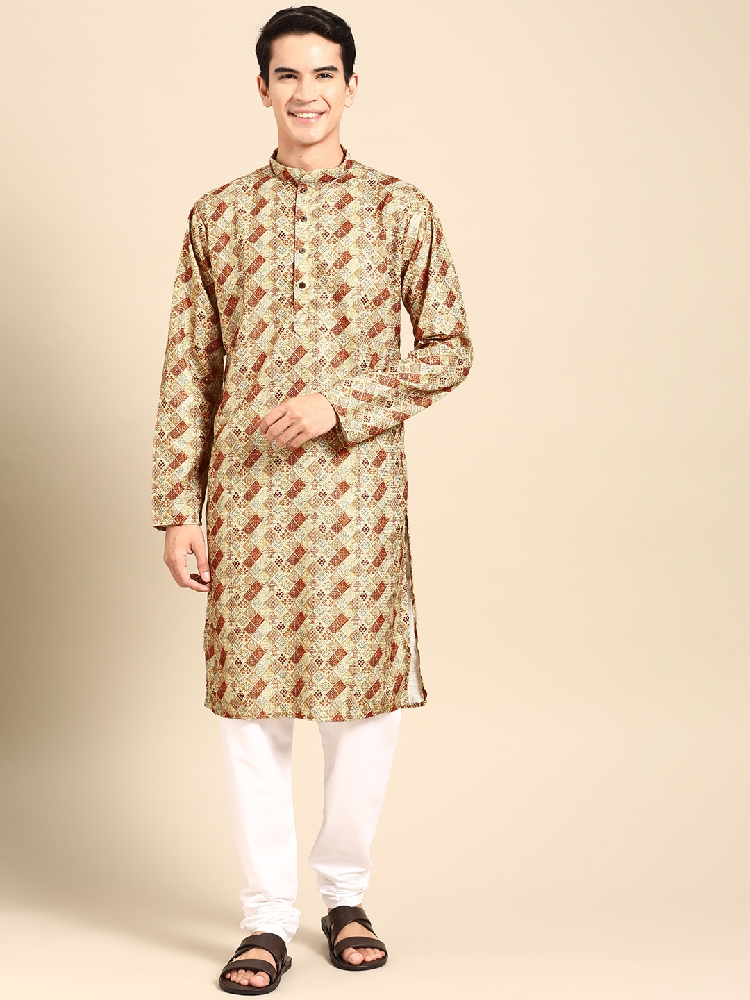 

MANQ Men Ethnic Motifs Printed Regular Kurta with Churidar, Camel brown