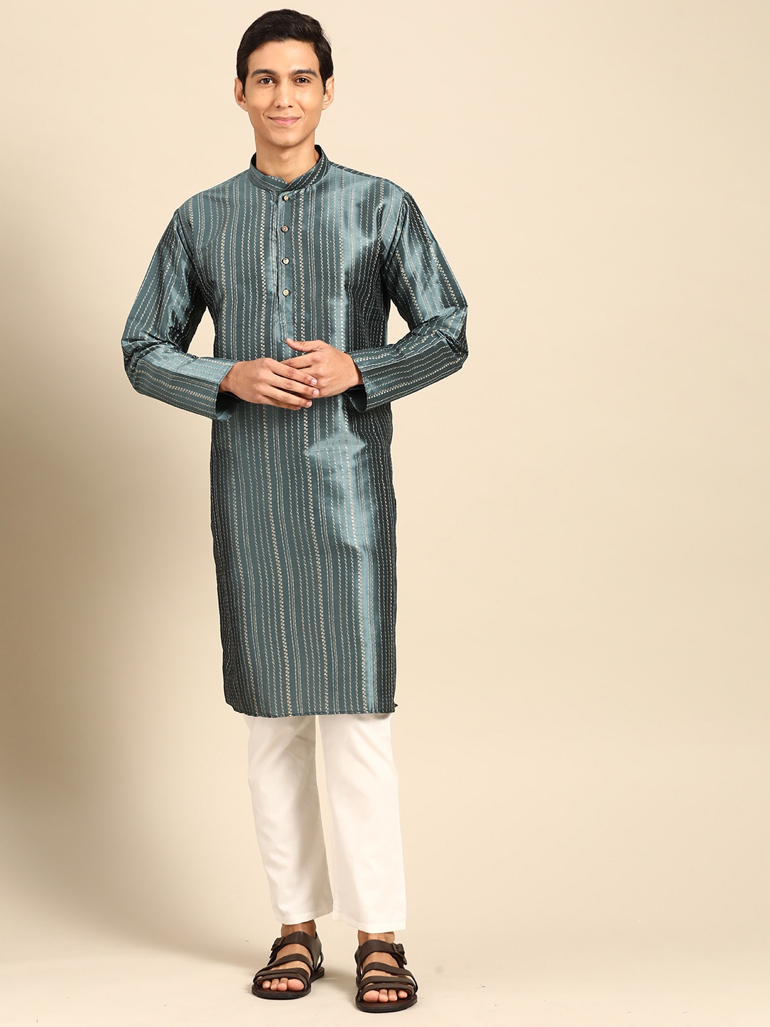 

MANQ Men Striped Regular Kurta with Pyjamas, Teal