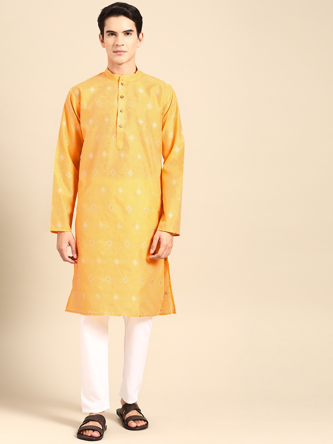 MANQ Men Ethnic Motifs Regular Kurta with Pyjamas, Yellow