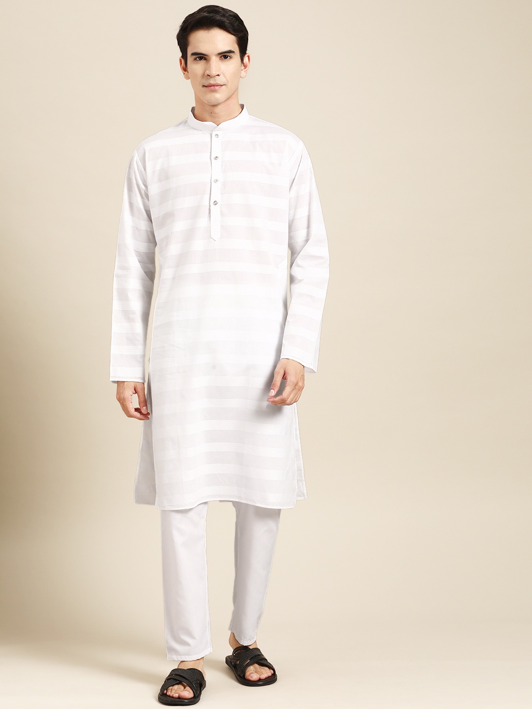 

MANQ Men Striped Regular Pure Cotton Kurta with Pyjamas, White
