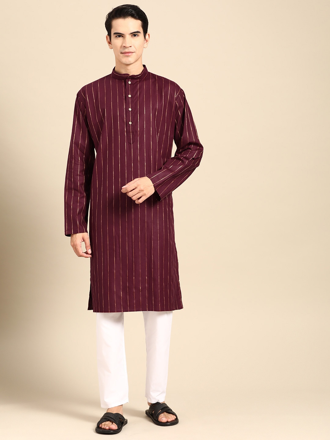 

MANQ Men Striped Regular Pure Cotton Kurta with Pyjamas, Maroon