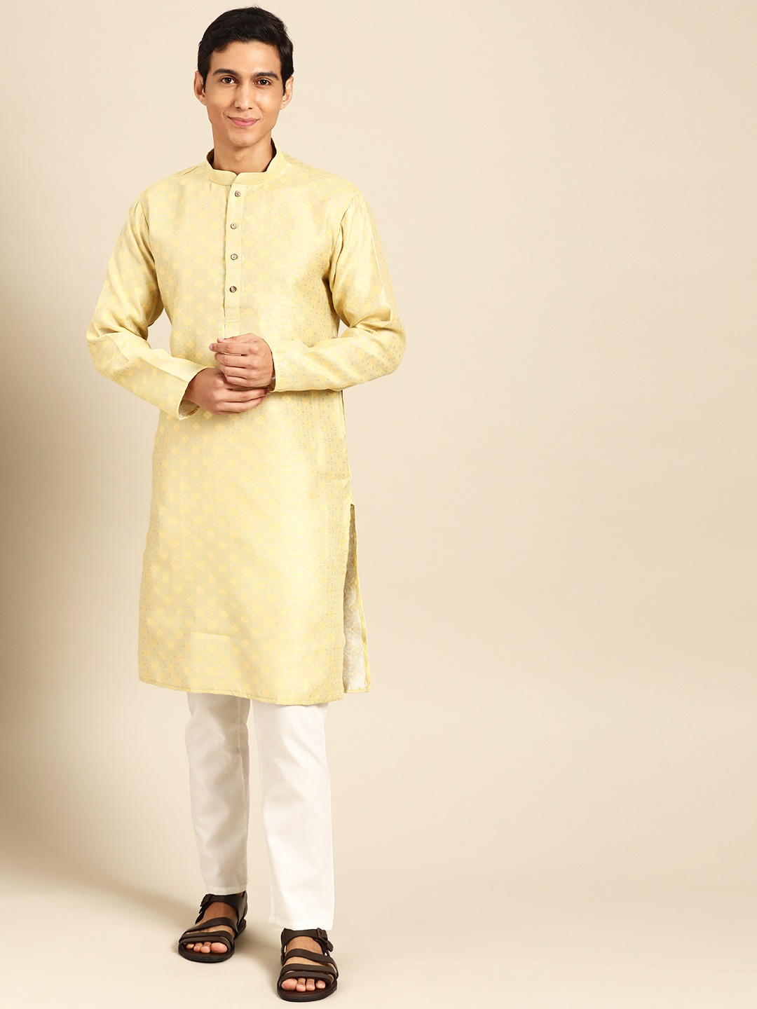 

MANQ Men Ethnic Motifs Printed Regular Kurta with Pyjamas, Yellow