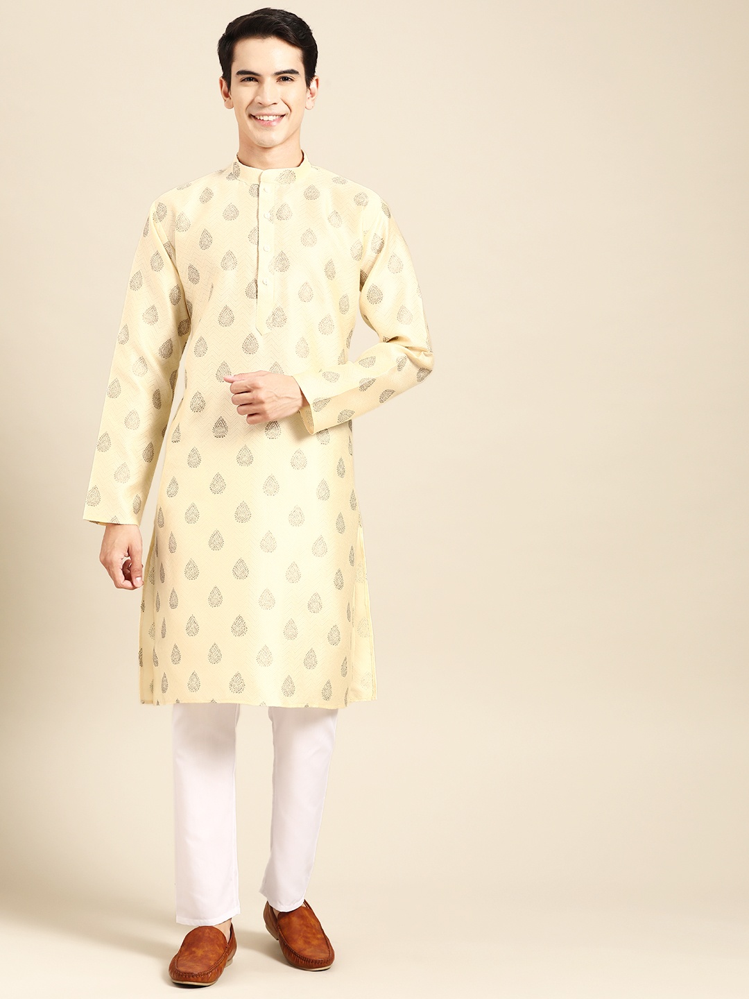 

MANQ Men Ethnic Motifs Printed Regular Kurta with Pyjamas, Cream