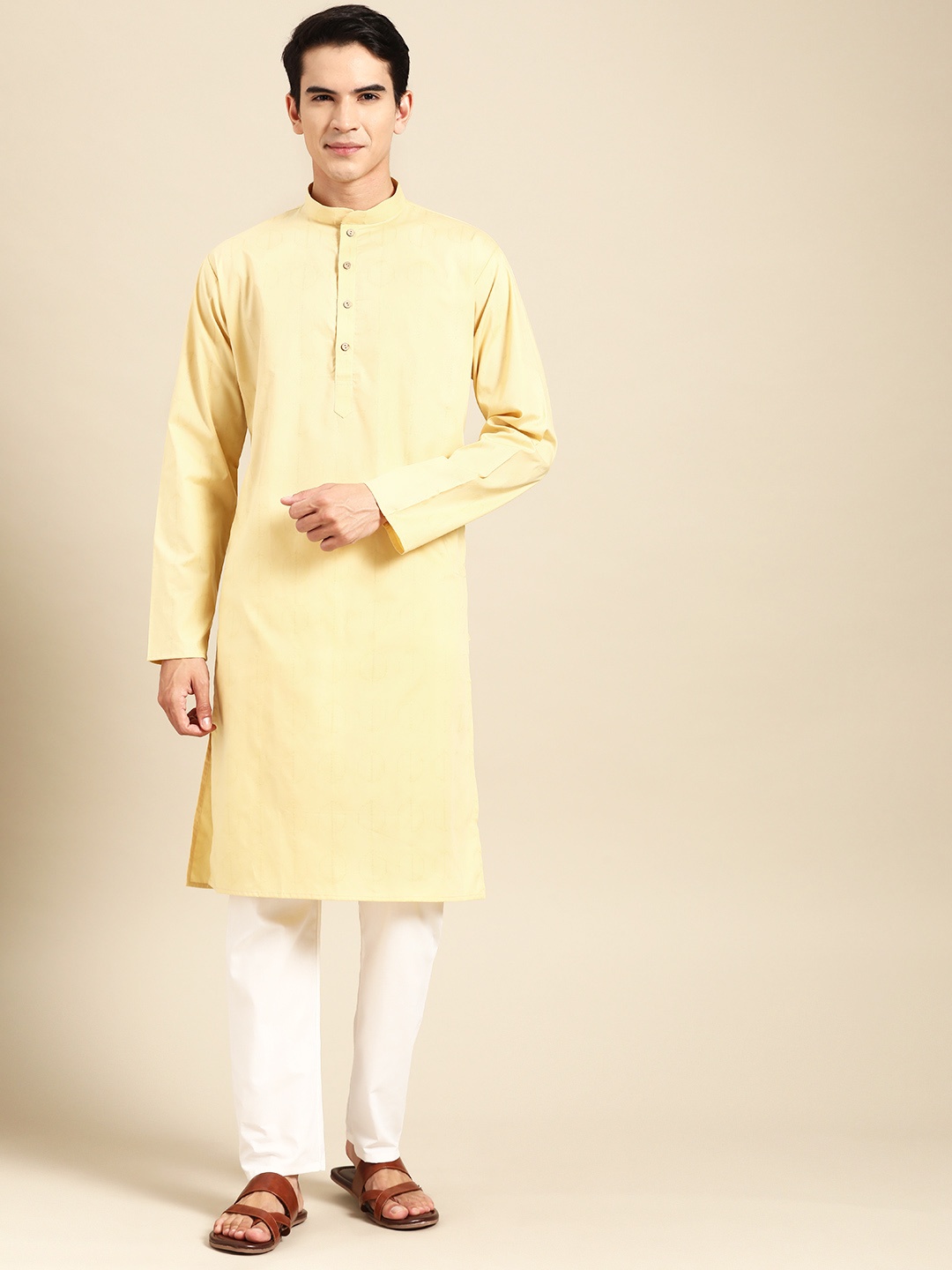 

MANQ Men Yellow Regular Pure Cotton Kurta with Pyjamas