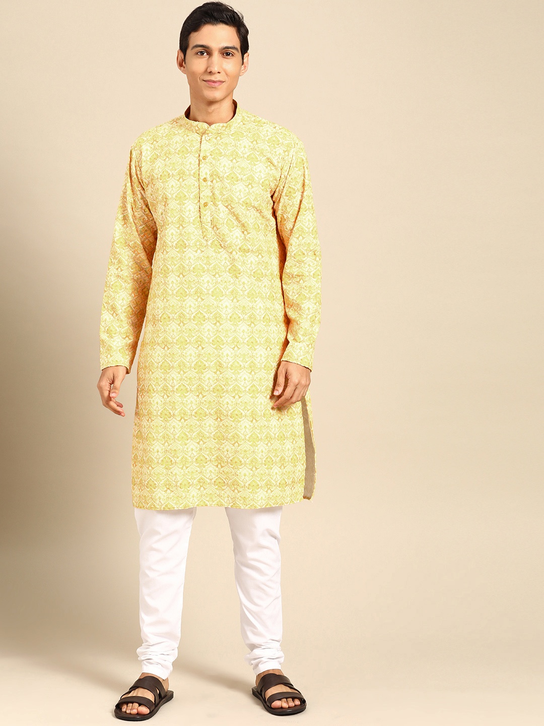 

MANQ Men Ethnic Motifs Embroidered Regular Sequinned Pure Cotton Kurta with Churidar, Yellow