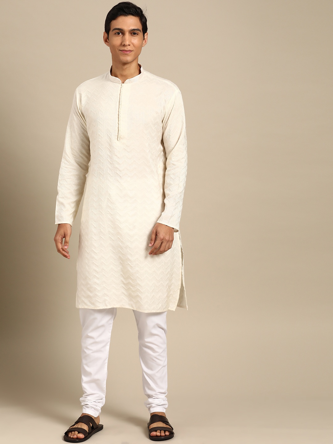 

MANQ Men Self Design Regular Thread Work Kurta with Churidar, Cream
