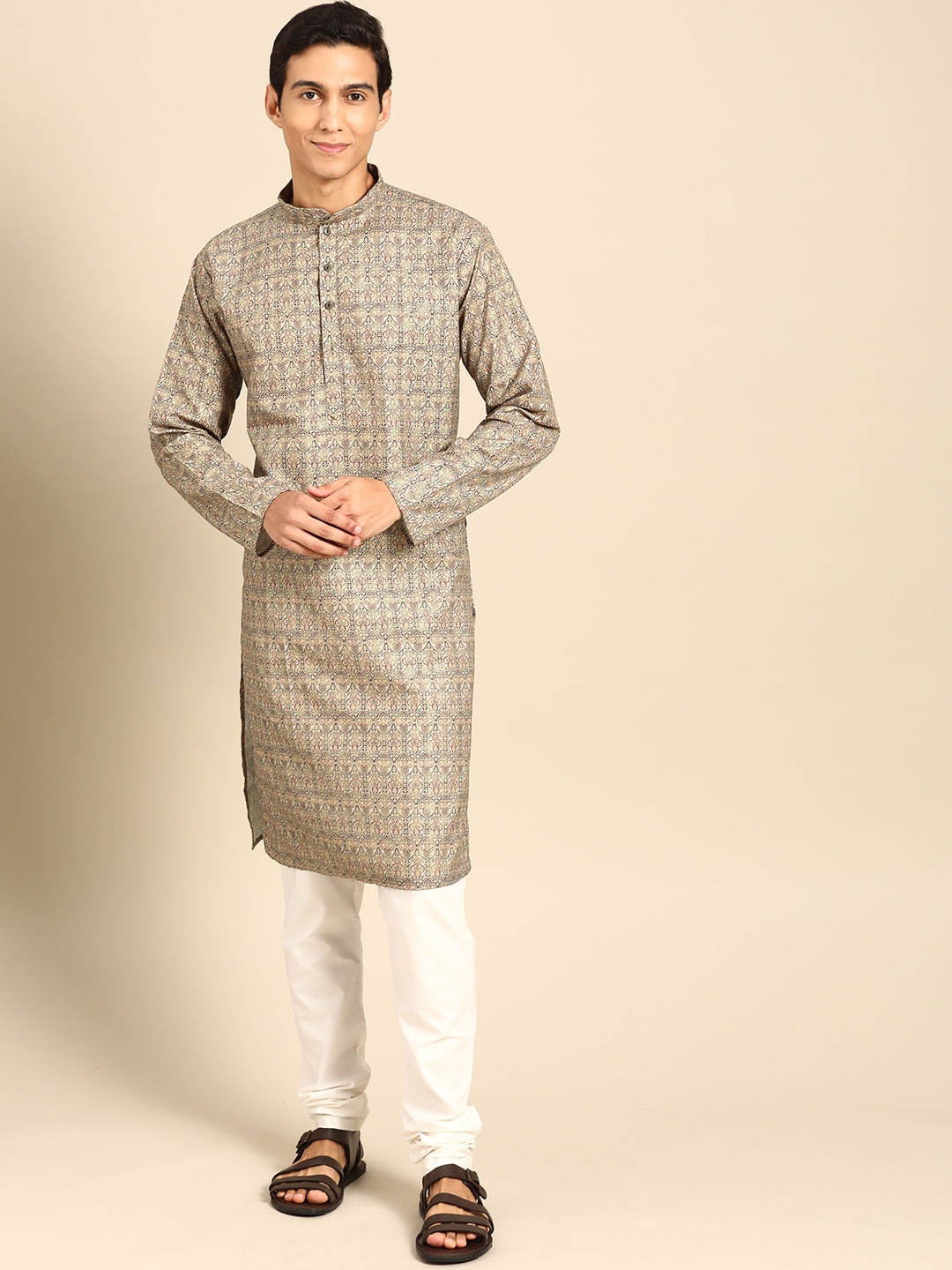 MANQ Men Ethnic Motifs Printed Regular Kurta with Churidar, Brown