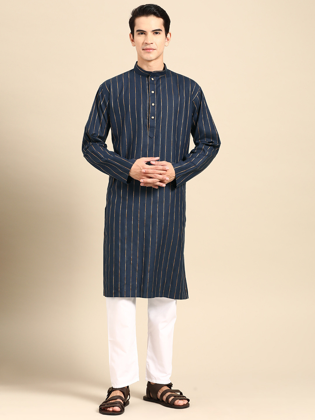 

MANQ Men Striped Regular Pure Cotton Kurta with Pyjamas, Navy blue