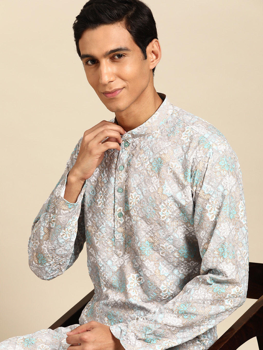 

MANQ Men Ethnic Motifs Embroidered Regular Pure Cotton Kurta with Churidar, Multi