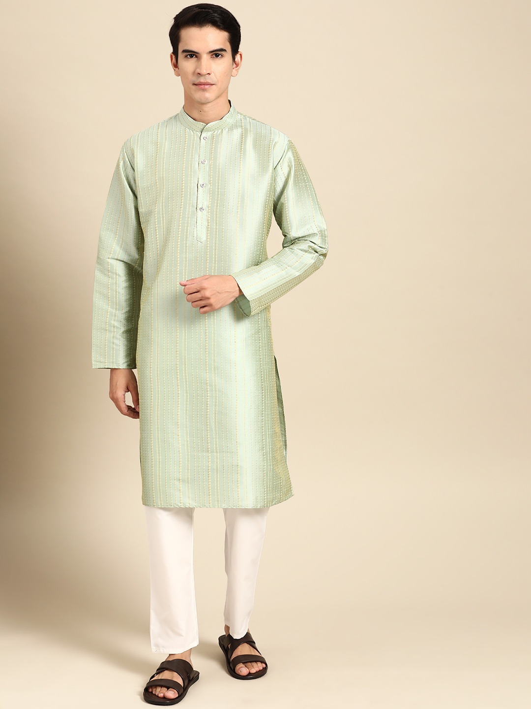 

MANQ Men Striped Regular Kurta with Pyjamas, Green